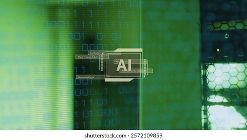 Image of ai text, binary coding data processing over computer servers. Global artificial intelligence, connections, computing and data processing concept digitally generated image.