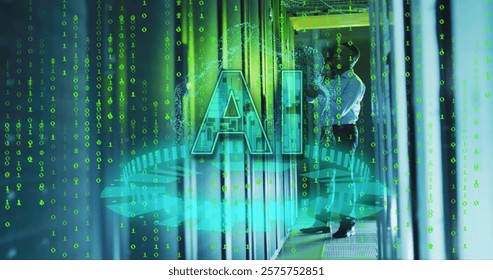 Image of ai text, binary coding data processing over asian businessm by computer servers. Global cyber security, connections, cloud computing and data processing concept digitally generated image.