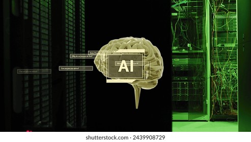 Image of ai text with brain and data processing over computer servers. Global finance, business, connections, computing and data processing concept digitally generated image.