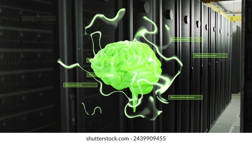 Image of ai text with brain and data processing over computer servers. Global finance, business, connections, computing and data processing concept digitally generated image.