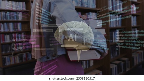 Image of ai text, brain and data over biracial female student in hijab with books. Global artificial intelligence, connections, computing and data processing concept digitally generated image. - Powered by Shutterstock