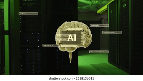 Image of ai text, brain and data processing over computer servers. Global artificial intelligence, connections, computing and data processing concept digitally generated image.