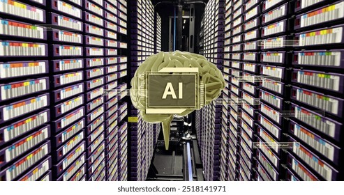 Image of ai text, brain and data processing over computer servers. Global artificial intelligence, connections, computing and data processing concept digitally generated image.