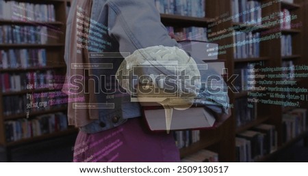 Image of ai text, brain and data over biracial female student in hijab with books. Global artificial intelligence, connections, computing and data processing concept digitally generated image.