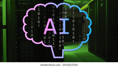 Image of ai text and brain icon over binary data processing and server room. Connection, data, processing, ai, digital interface and communication, digitally generated image.