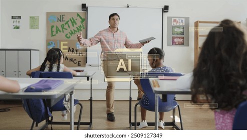 Image of ai text and data over diverse schoolchildren and male teacher. Global artificial intelligence, connections, computing and data processing concept digitally generated image. - Powered by Shutterstock