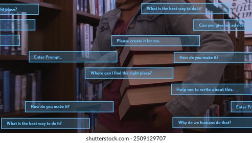 Image of ai text and data over biracial female student in hijab with books. Global artificial intelligence, connections, computing and data processing concept digitally generated image. - Powered by Shutterstock