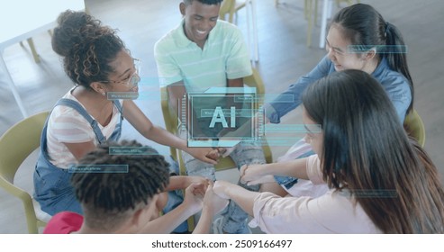 Image of ai text and data processing over diverse students holding hands. Artificial intelligence, education, connections, computing and data processing concept digitally generated image.