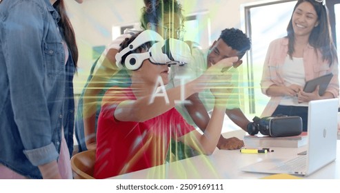 Image of ai text and data processing over diverse students at school. Global artificial intelligence, education, connections, computing and data processing concept digitally generated image.