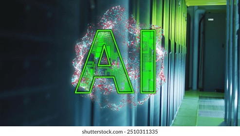 Image of ai text and data processing over computer servers. Global artificial intelligence, connections, computing and data processing concept digitally generated image.