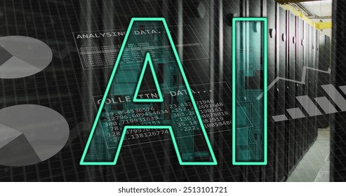 Image of ai text and data processing over computer servers. Global artificial intelligence, connections, computing and data processing concept digitally generated image.