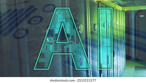 Image of ai text and data processing over computer servers. Global artificial intelligence, connections, computing and data processing concept digitally generated image.