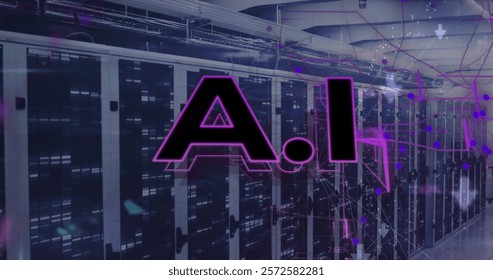 Image of ai text and data processing over computer servers. Global artificial intelligence, business, finances, computing and data processing concept digitally generated image.