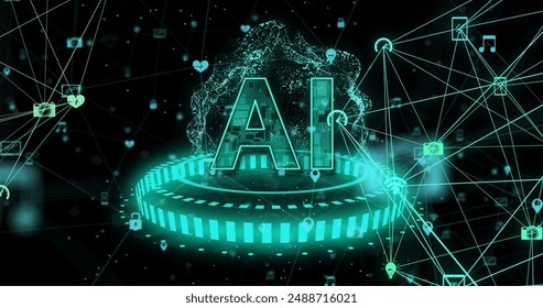 Image of ai text, globe with binary coding and data processing over dark background. Global artificial intelligence, connections, computing and data processing concept digitally generated image.
