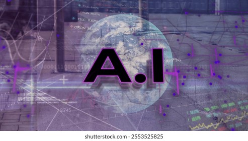 Image of ai text, globe with binary coding and data processing over city. Global finance, business, connections, cloud computing and data processing concept digitally generated image. - Powered by Shutterstock - Get 15% off with code: PIKWIZARD15