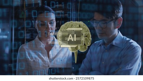 Image of ai text, human brain, binary coding over it engineers by computer servers. Global artificial intelligence, connections, computing and data processing concept digitally generated image.