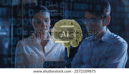Image of ai text, human brain, binary coding over it engineers by computer servers. Global artificial intelligence, connections, computing and data processing concept digitally generated image.
