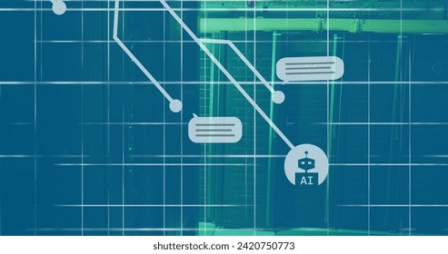 Image of ai text and icon, data processing over grid. Global artificial intelligence, digital interface, computing and data processing concept digitally generated image.