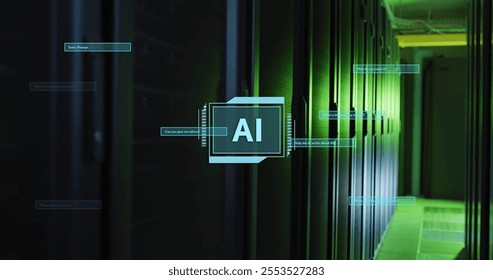 Image of ai text on processing scanner with interface dialogue boxes over dark server room. Connection, data, processing, ai, digital interface and communication, digitally generated image.