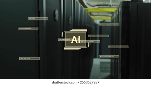 Image of ai text on processing scanner with interface dialogue boxes over dark server room. Connection, data, processing, ai, digital interface and communication, digitally generated image.