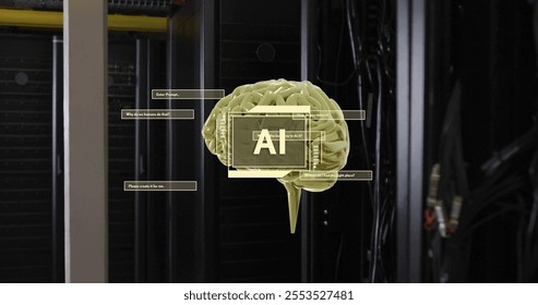 Image of ai text on scanner with brain and interface dialogue boxes over dark server room. Connection, data, processing, ai, digital interface and communication, digitally generated image.