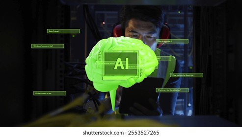 Image of ai text, scanner, brain and dialogue over asian male technician in dark server room. Connection, data, processing, ai, digital interface and communication, digitally generated image.
