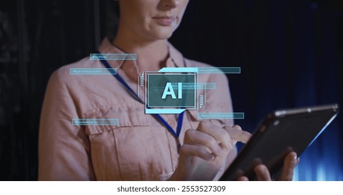 Image of ai text, scanner and dialogue boxes over caucasian female technician in server room. Connection, data, processing, ai, digital interface and communication, digitally generated image.