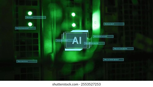 Image of ai text and scanner processing with dialogue boxes over server room. Connection, data, processing, ai, digital interface and communication, digitally generated image.