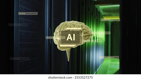 Image of ai text, scanner, rotating brain and dialogue boxes over dark server room. Connection, data, processing, ai, digital interface and communication, digitally generated image.