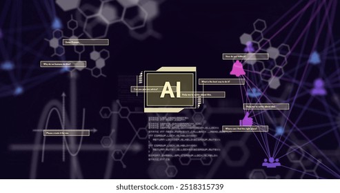 Image of ai text, scientific data processing over network of connections. Global artificial intelligence, science, connections, computing and data processing concept digitally generated image.