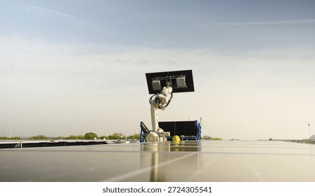 Image of an AI-powered robot designed for solar panel installation. It is used to automate the heavy lifting and precise placement of photovoltaic panels at utility-scale solar farms. 