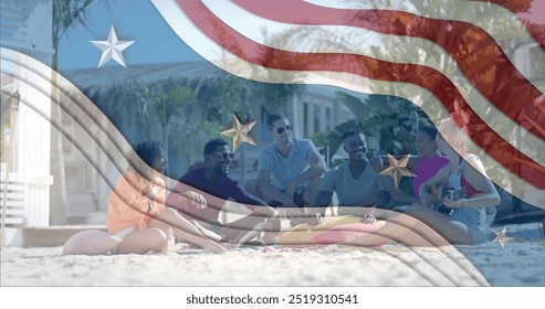 Image of american flag elements over happy diverse friends hanging out on sunny beach. Celebration, america, summer, friendship, togetherness, fun and vacations, digitally generated image. - Powered by Shutterstock