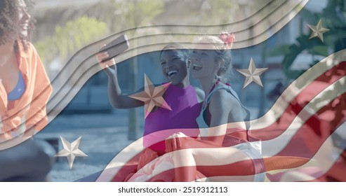 Image of american flag elements over happy diverse female friends taking selfies on sunny beach. Communication, america, summer, friendship, fun and vacations, digitally generated image. - Powered by Shutterstock