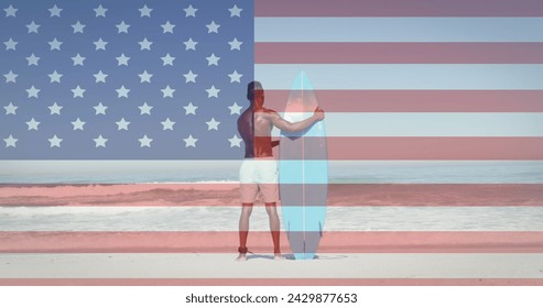 Image of american flag jigsaw puzzles revealing confetti and man with surfboard on beach. usa patriotism, celebration and democracy concept digitally generated image. - Powered by Shutterstock