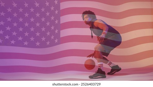 Image of american flag over african american male basketball player bouncing ball. Sport, competition, confidence, skill, flag, game, nationality and patriotism digitally generated image. - Powered by Shutterstock