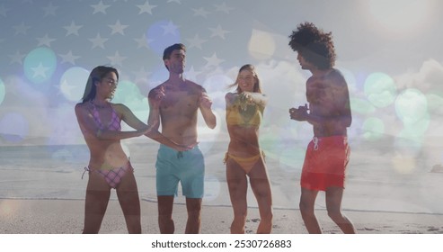 Image of american flag over diverse friends at beach. Holidays and digital interface concept digitally generated image. - Powered by Shutterstock