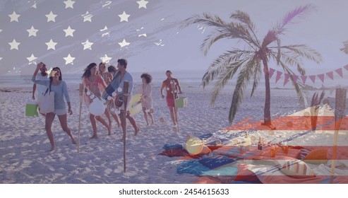 Image of american flag over happy diverse friends on vacation walking with bags on sunny beach. American independence day, summer, 4th july, and celebration, digitally generated image. - Powered by Shutterstock