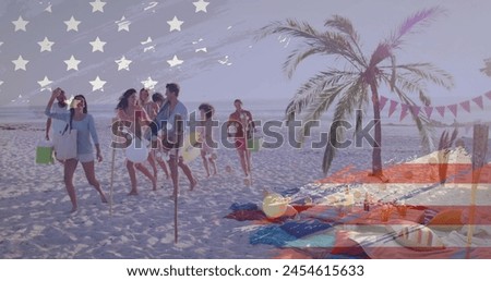 Image of american flag over happy diverse friends on vacation walking with bags on sunny beach. American independence day, summer, 4th july, and celebration, digitally generated image.