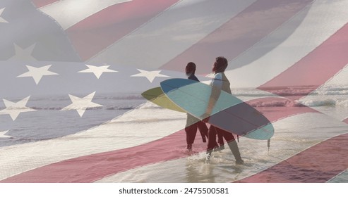 Image of american flag over senior african american couple walking on beach with surfboards. patriotism and celebration concept digitally generated image. - Powered by Shutterstock