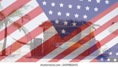 Image of american flag revealing statue of liberty and beach bar. usa patriotism, celebration and democracy concept digitally generated image. - Powered by Shutterstock