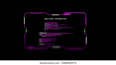 Image of analysing information of text data file on black background. Connection, data, processing, digital interface and communication, digitally generated image.