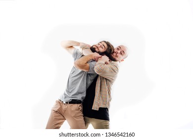 the image of an angry man strangles a man, aggression, wickedness, isolated white background, copy space