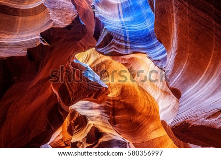 Image from Antelope Canyon that looks like an abstract painting. Flush flooding and rainwater carved the sandstone canyon walls in time into sculptural shapes./Abstract at Antelope Canyon /Arizona, US