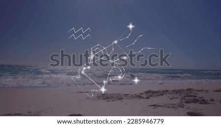 Image of aquarius star sign with glowing stars over sea and beach. Astrology, horoscope and zodiac sign concept digitally generated image.