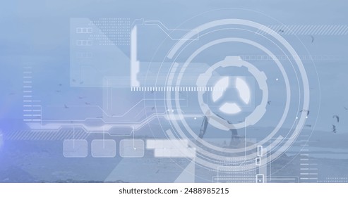 Image of arc reactor and abstract pattern over bulldozer leveling the garbage at dump yard. Digital composite, multiple exposure, progression, garbage, landfill, recycling and pollution concept.