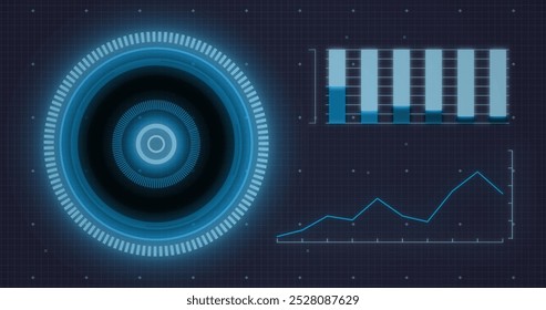 Image of arc reactor and graphs with dots over black background. Digitally generated, hologram, illustration, illuminated, power supply, report, business and technology concept. - Powered by Shutterstock