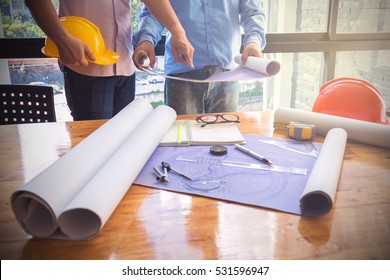 Image Of The Architectural Project Engineer. Vintage Tone And Engineering Tools In The Workplace.