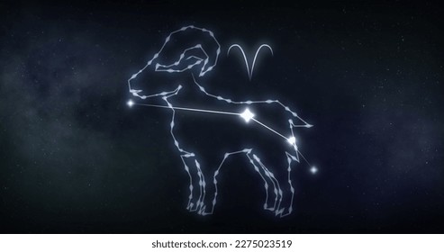 Image of aries sign with stars on black background. Zodiac signs, stars and horoscop concept digitally generated image. - Shutterstock ID 2275023519