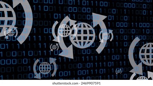 Image of arrow around globes over looping binary codes against black background. Digitally generated, hologram, illustration, globalization, direction, coding and technology concept.