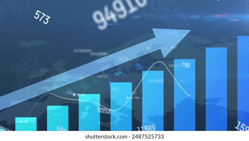 Image of arrow, increasing numbers over bar graph against world map. Digital composite, global communication, technology, cloud computing, data, connection, development, business, networking.
